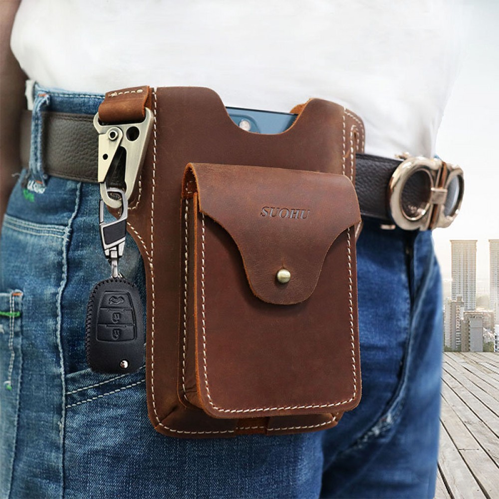 Men Genuine Leather Multifunction Keychain Sport Waist Bag Retro 6.5 Inch Phone Bag Waterproof Belt Bag Men Genuine Leather Multifunction Keychain Sport Waist Bag Retro 6.5 Inch Phone Bag Waterproof Belt Bag